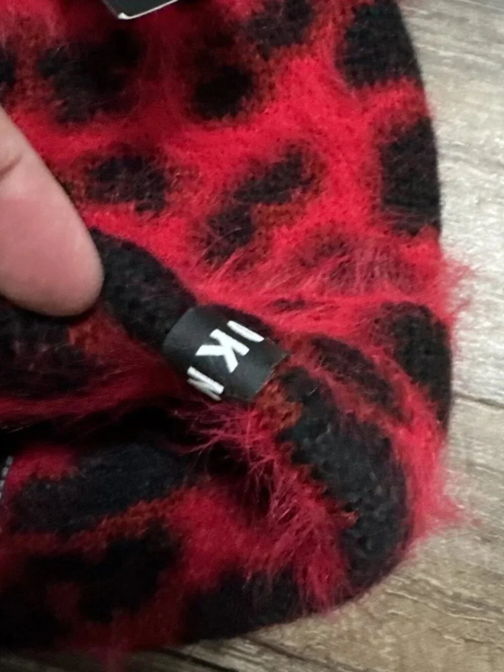 NWT DKNY Fuzzy Leopard Animal Print Beanie Red/Black MSRP $36